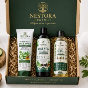 Nestora Organics Herbal Hair & Skin Care Gift Box | Hair Oil, Aloe Vera Shampoo & Face Wash