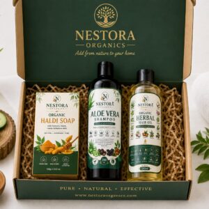 Nestora Organics Herbal Hair Care Gift Box | Hair Oil, Aloe Vera Shampoo & Turmeric Soap