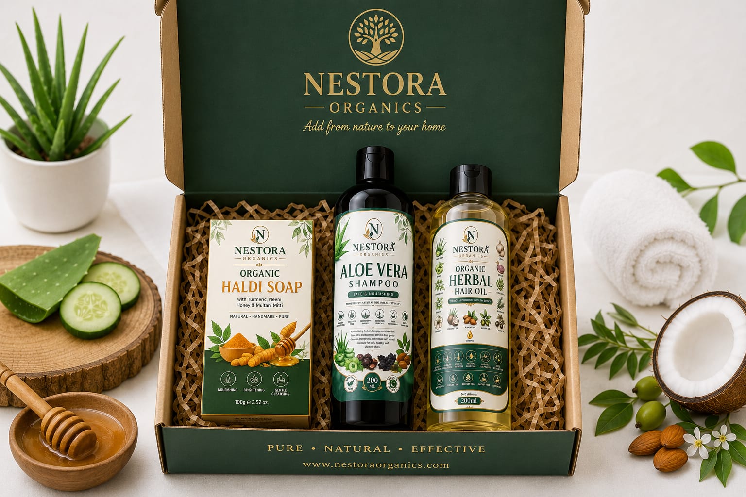 Nestora Organics Herbal Hair Care Gift Box | Hair Oil, Aloe Vera Shampoo & Turmeric Soap